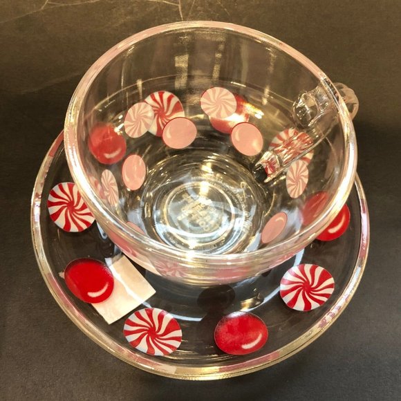 Starbucks Holiday 2007 Peppermint Candy Clear Coffee Mug Set With Saucers - Picture 8 of 16
